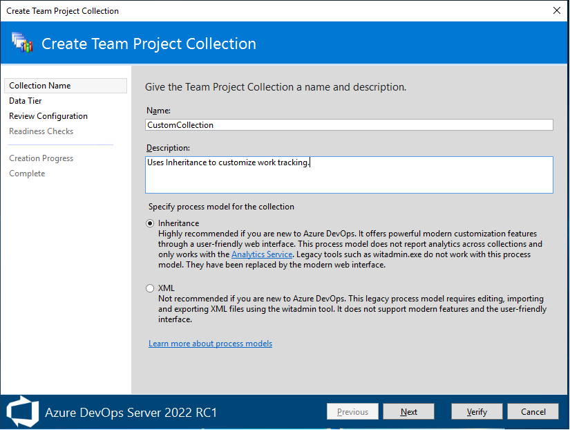 Dialog of Create collection, Azure DevOps Server 2022, with the Inheritance option selected.