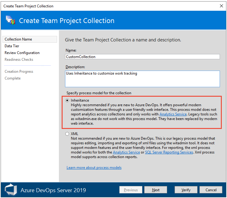 Screenshot of the Create Team Project Collection dialog box with the Inheritance option selected.