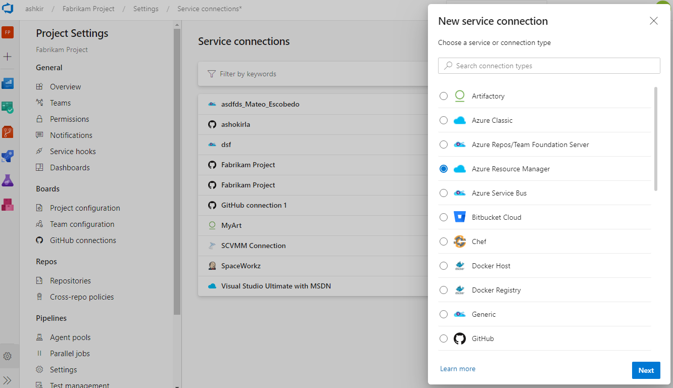 Screenshot of the New service connection dialog box.