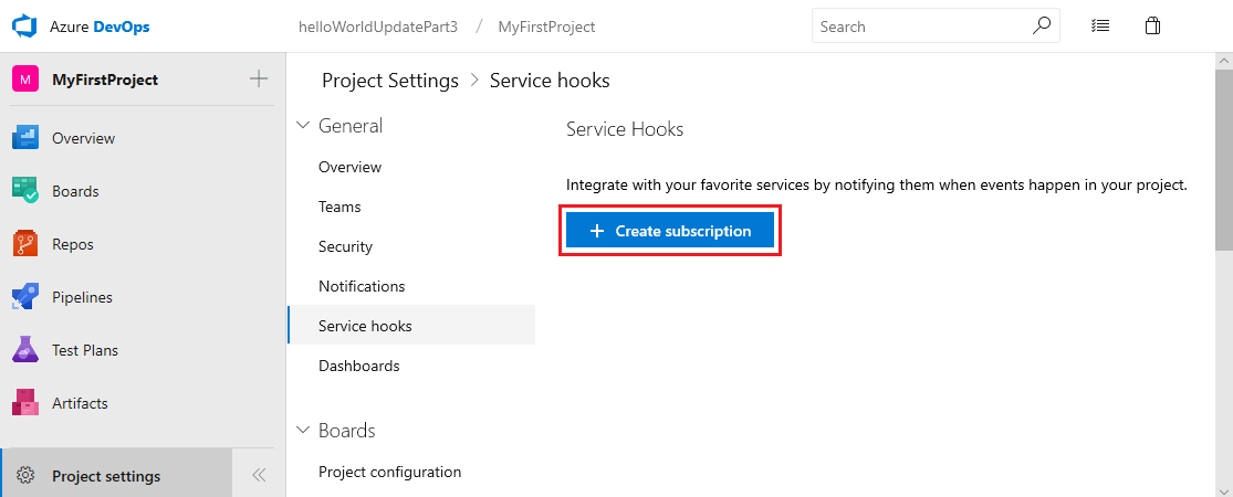 Screenshot of highlighted button, Create subscription.