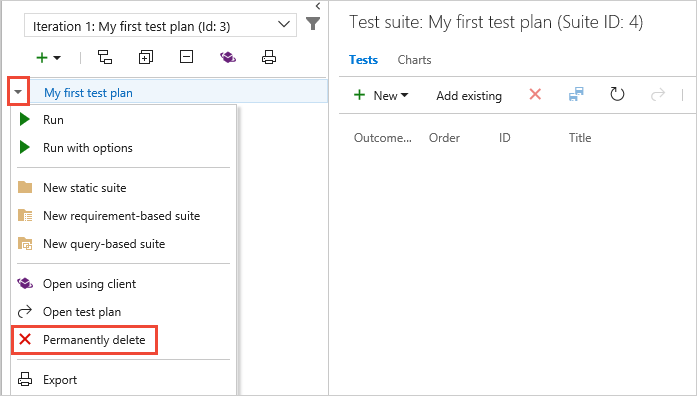 Screenshot showing delete a test plan.