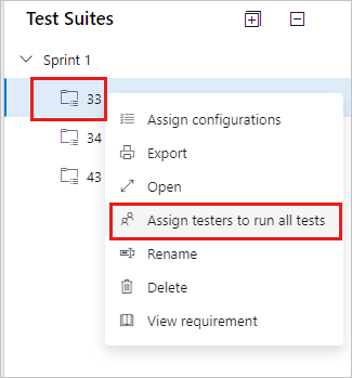 Screenshot shows the Assign testers to run all tests option in a test suite context menu.