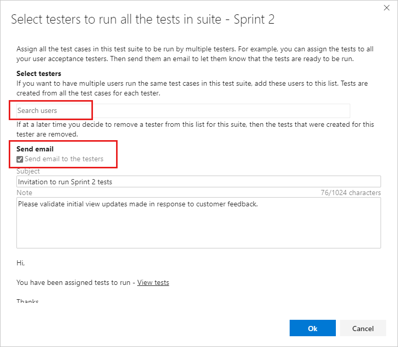 Screenshot shows Assigning testers to run all tests dialog box with Search users and Send email called out.