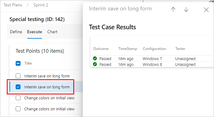 Screenshot shows test results for a test point.