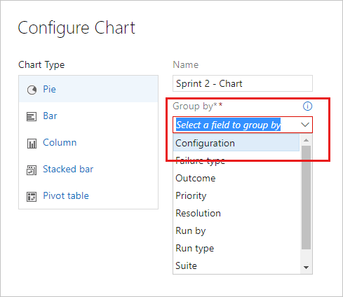 Screenshot shows choosing a configuration option for group by in the configure chart dialog box.