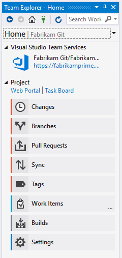 Visual studio 2017, Team Explorer Home page with Git as source control