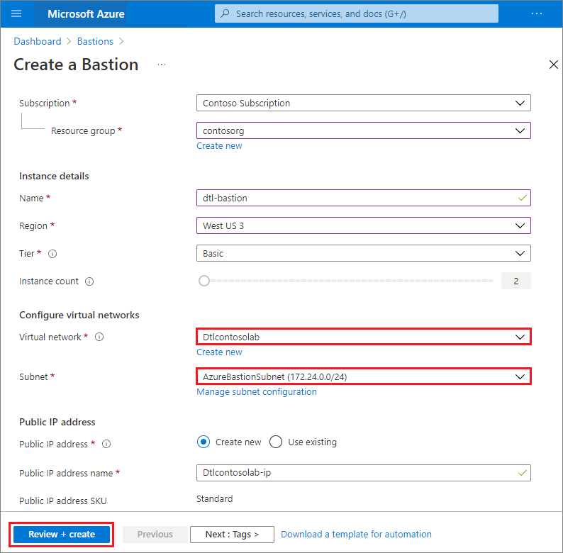 Screenshot that shows deploying Azure Bastion in the existing virtual network.
