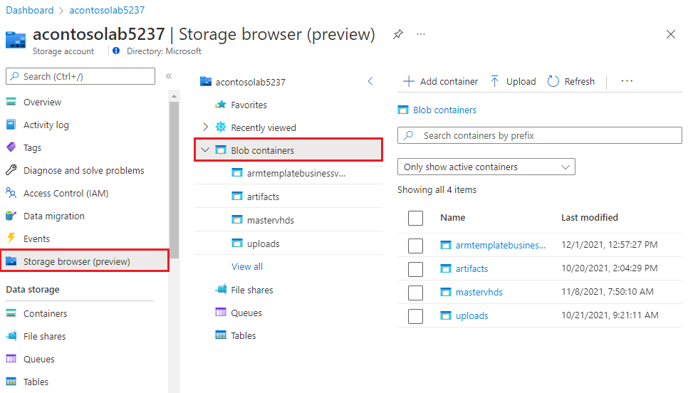 Screenshot that shows the Storage browser (preview).
