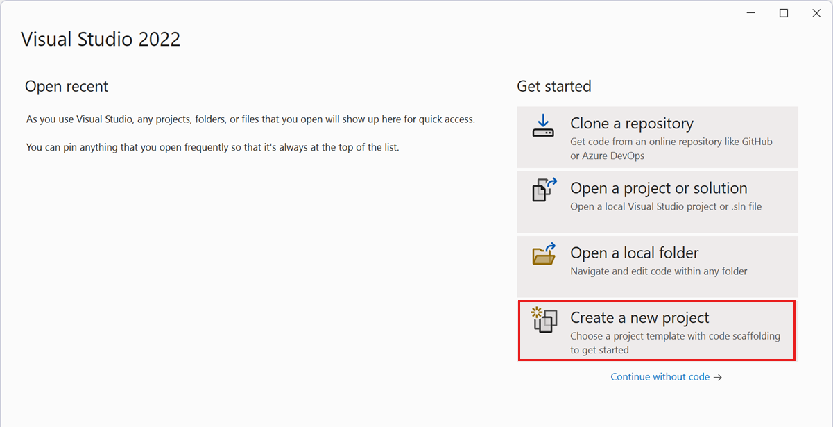Screenshot of the Visual Studio Start page with Create a new project selected.