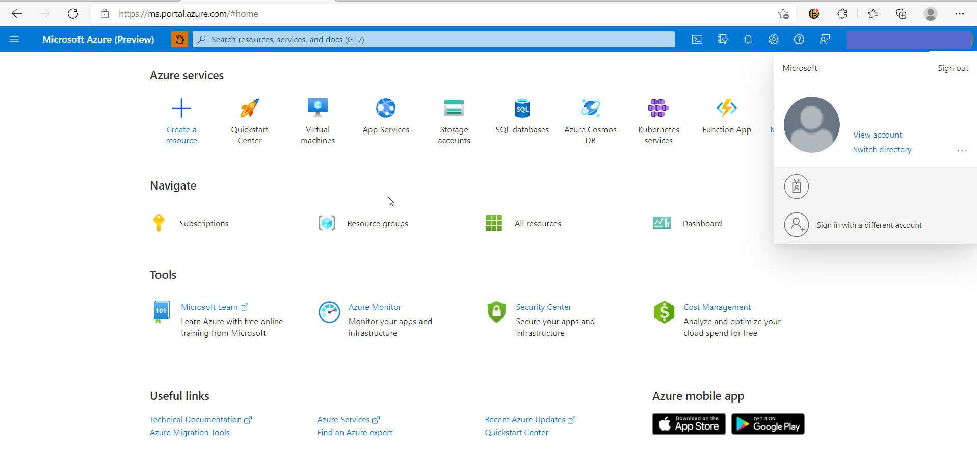 A screenshot of the Azure portal with the identity highlighted in the upper right-hand corner.