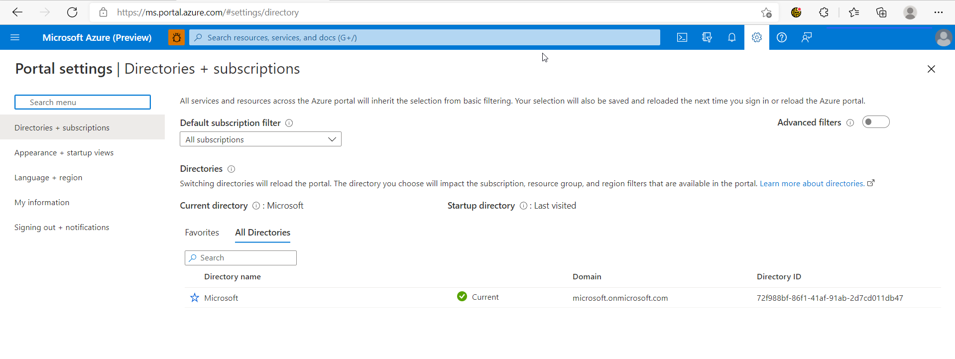 A screenshot of the Directory and Subscription window in Azure portal.