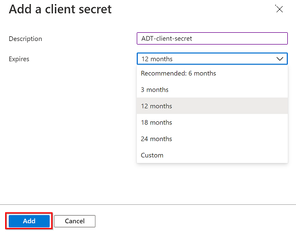 Screenshot of the Azure portal while adding a client secret.