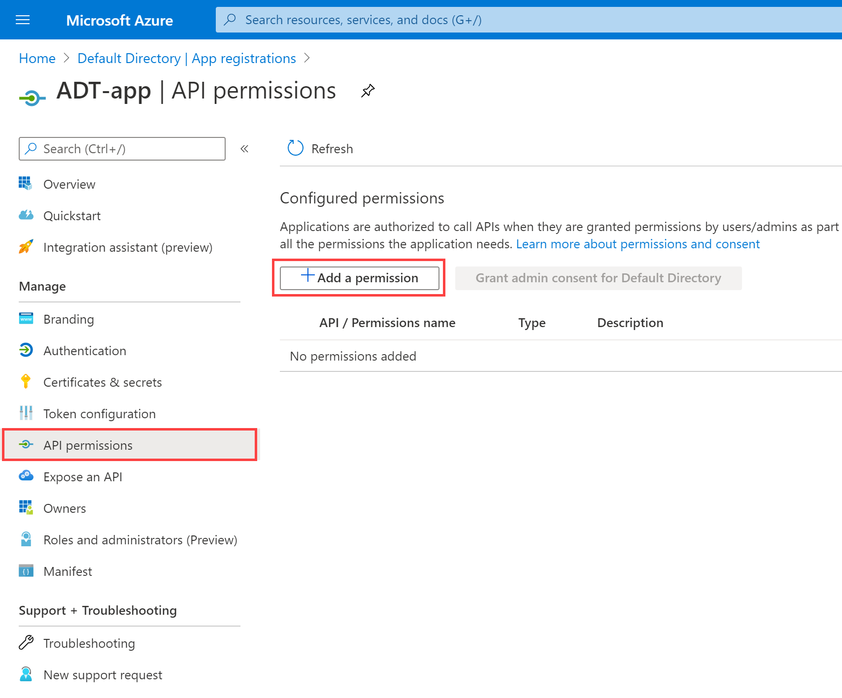 Screenshot of the app registration in the Azure portal, highlighting the 'API permissions' menu option and 'Add a permission' button.