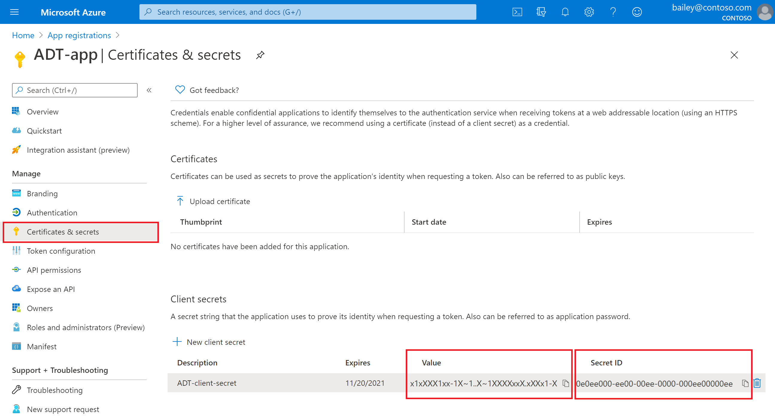Screenshot of the Azure portal showing how to copy the client secret value.