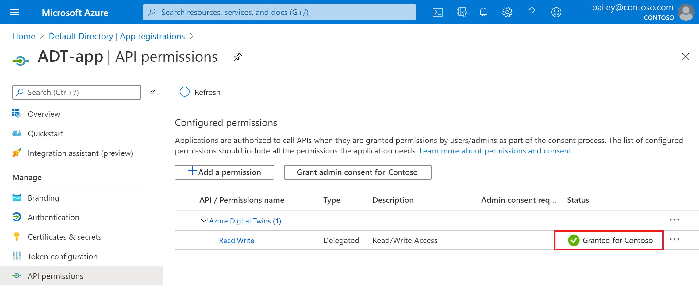 Screenshot of the Azure portal showing the admin consent granted for the company under API permissions.