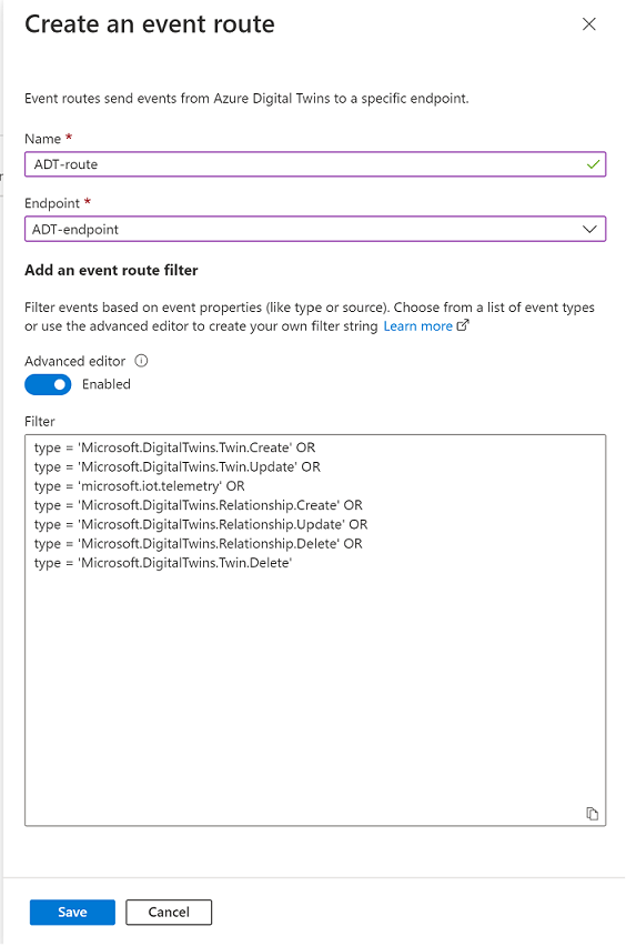 Screenshot of creating an event route with an advanced filter in the Azure portal.