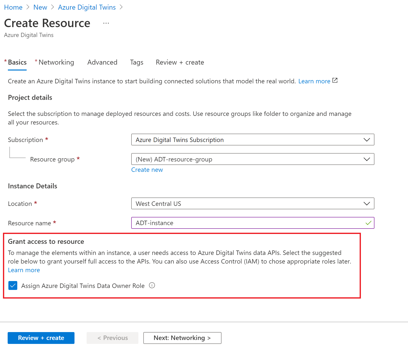 Screenshot of the Create Resource process for Azure Digital Twins in the Azure portal. The checkbox under Grant access to resource is highlighted.