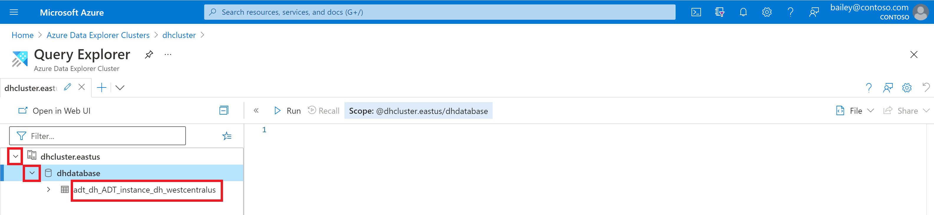 Screenshot of the Azure portal showing the query view for the database. The name of the data history table is highlighted.