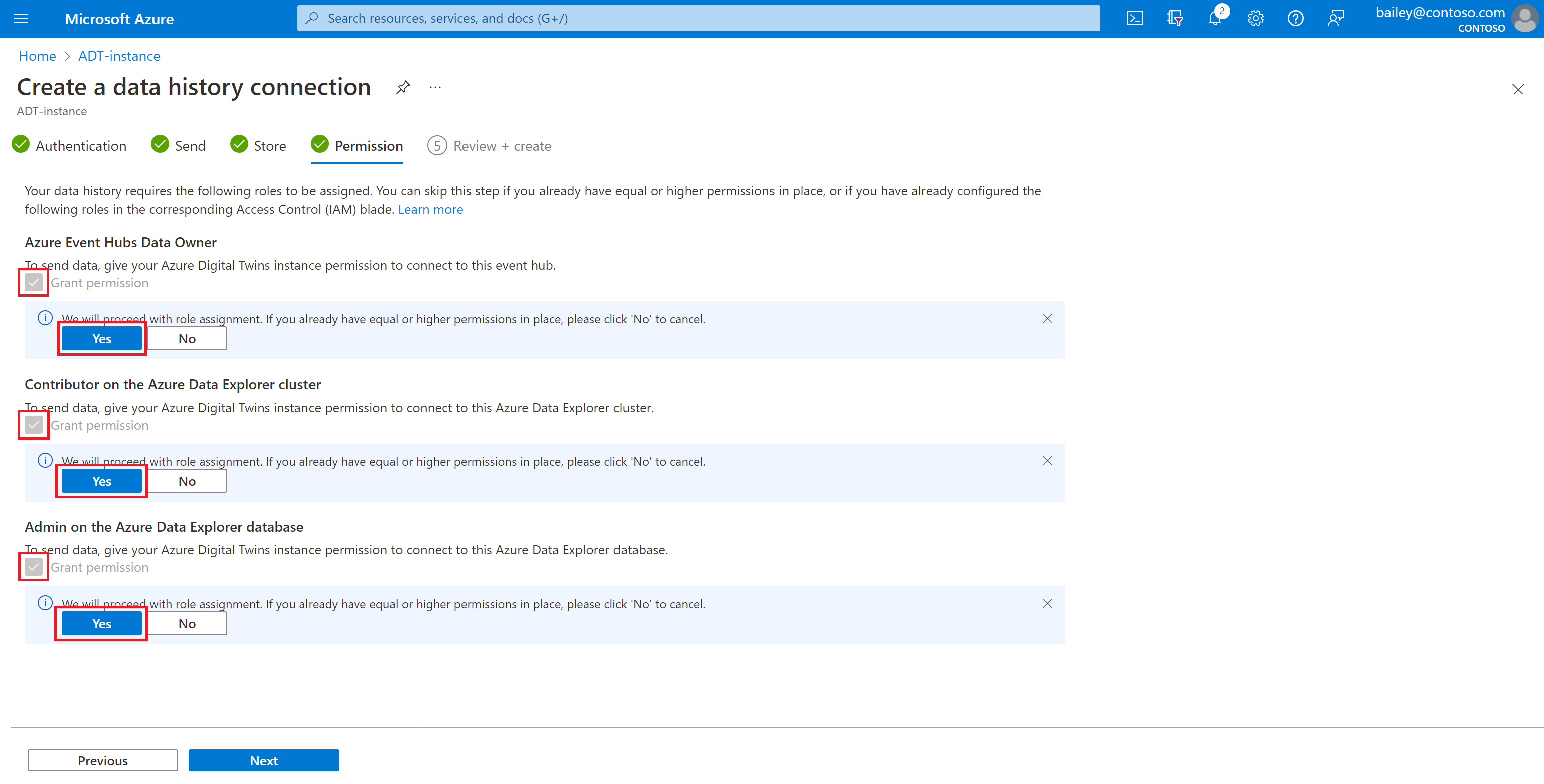 Screenshot of the Azure portal showing the Permission step in the data history connection setup.