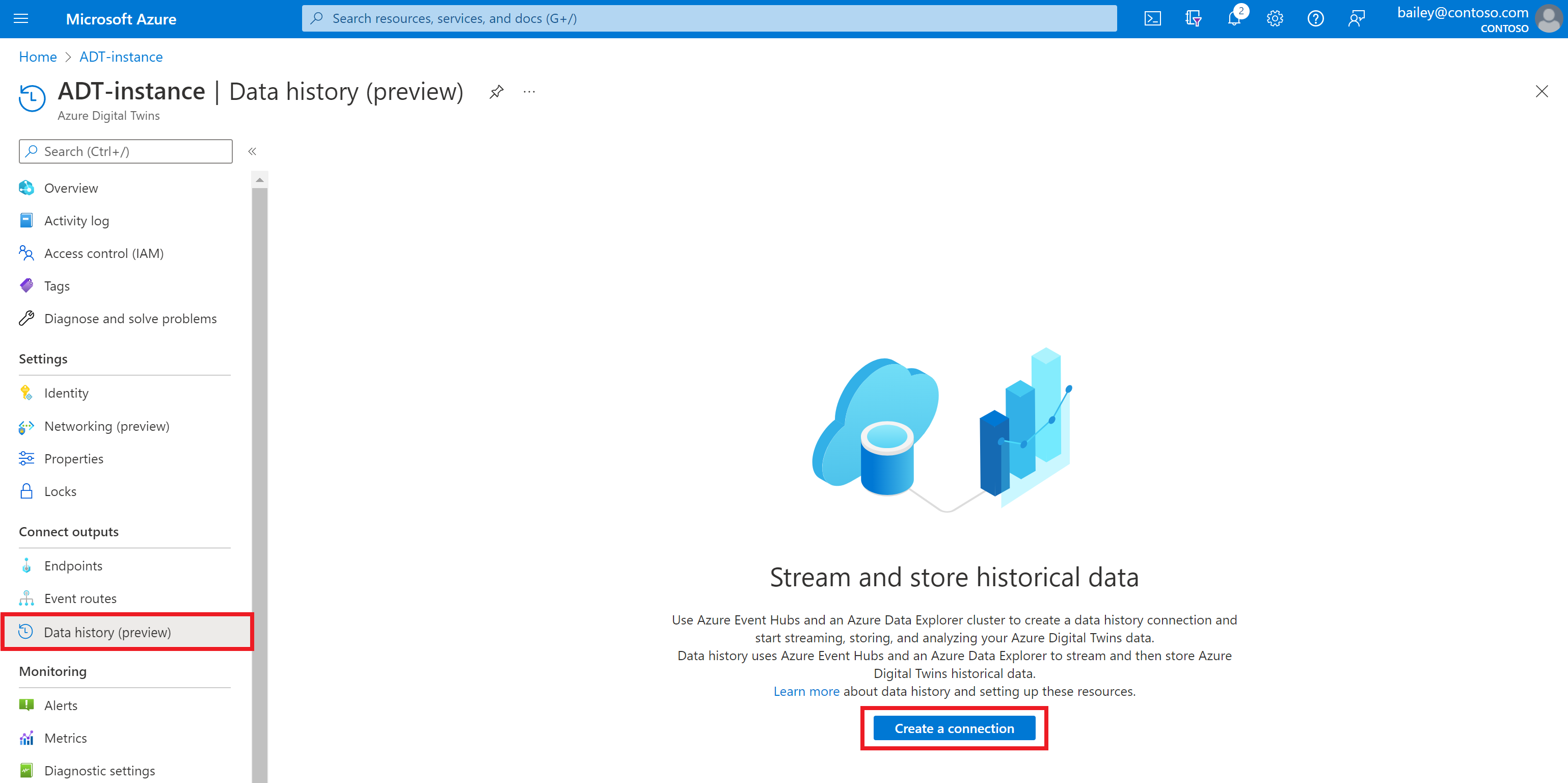 Screenshot of the Azure portal showing the data history option in the menu for an Azure Digital Twins instance.
