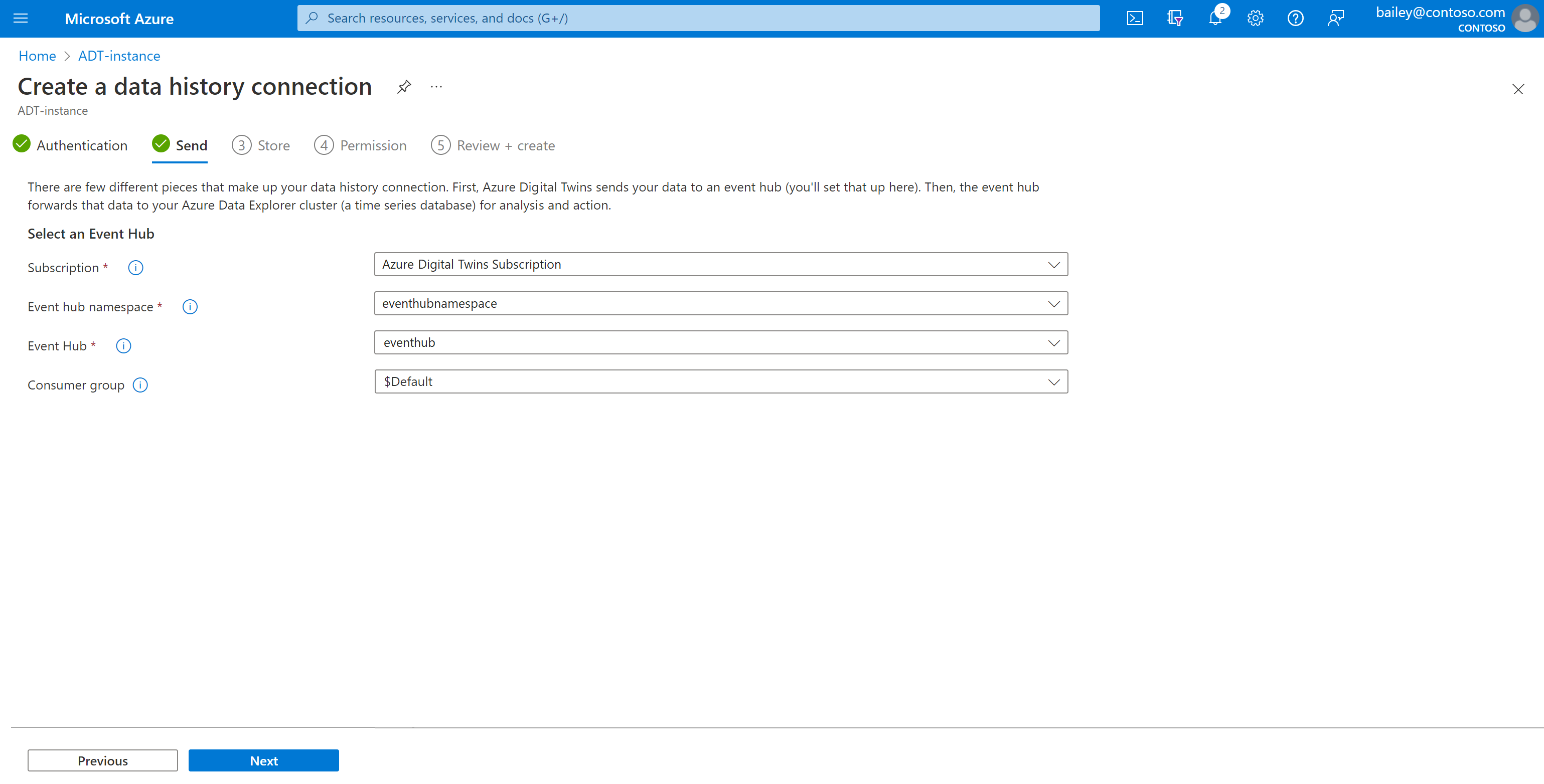 Screenshot of the Azure portal showing the Send step in the data history connection setup.