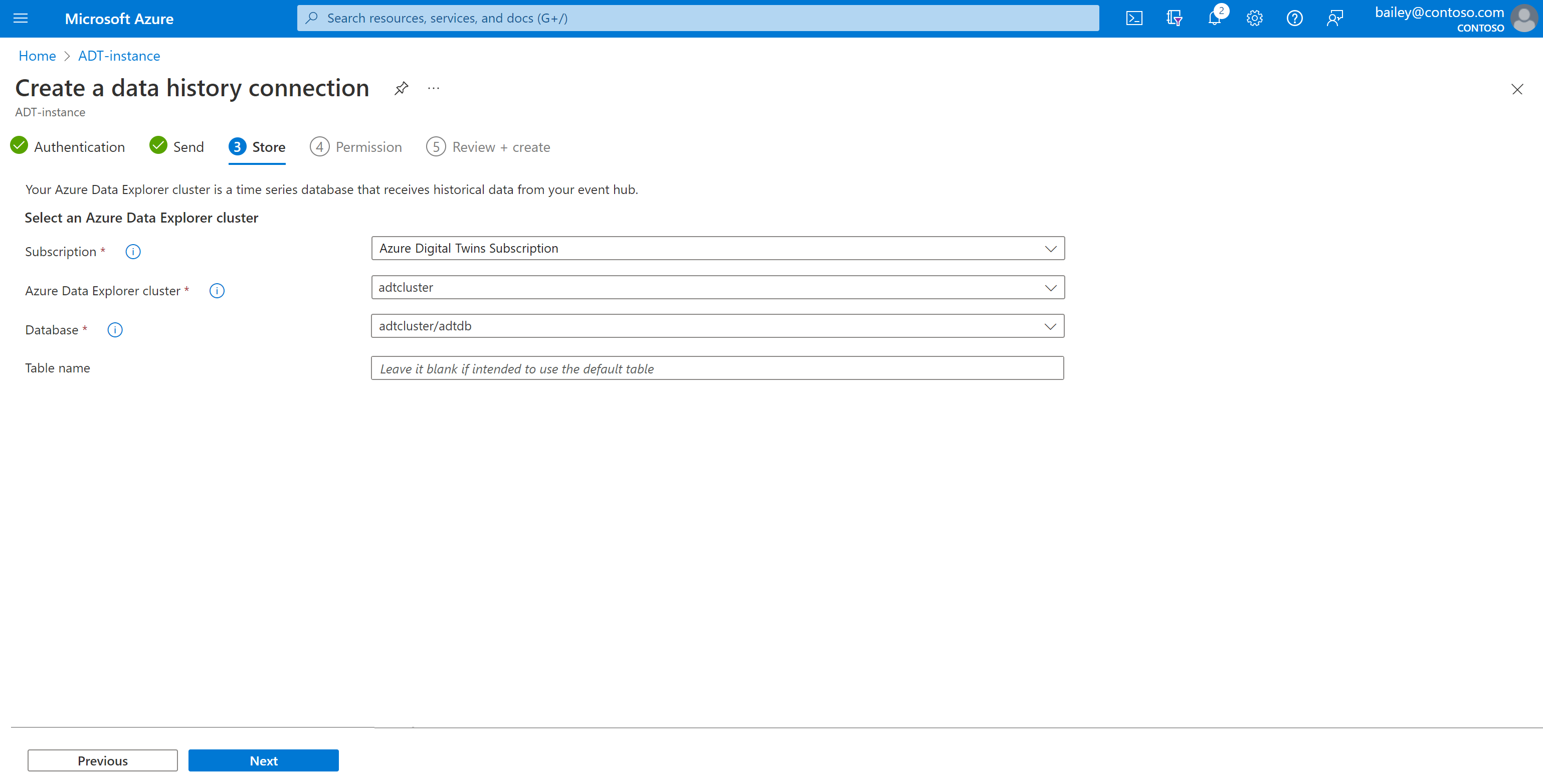 Screenshot of the Azure portal showing the Store step in the data history connection setup.