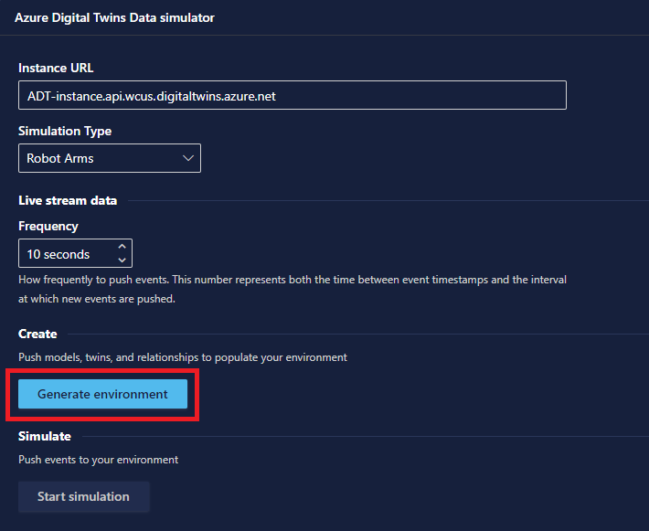 Screenshot of the Azure Digital Twins Data simulator. The Generate environment button is highlighted.
