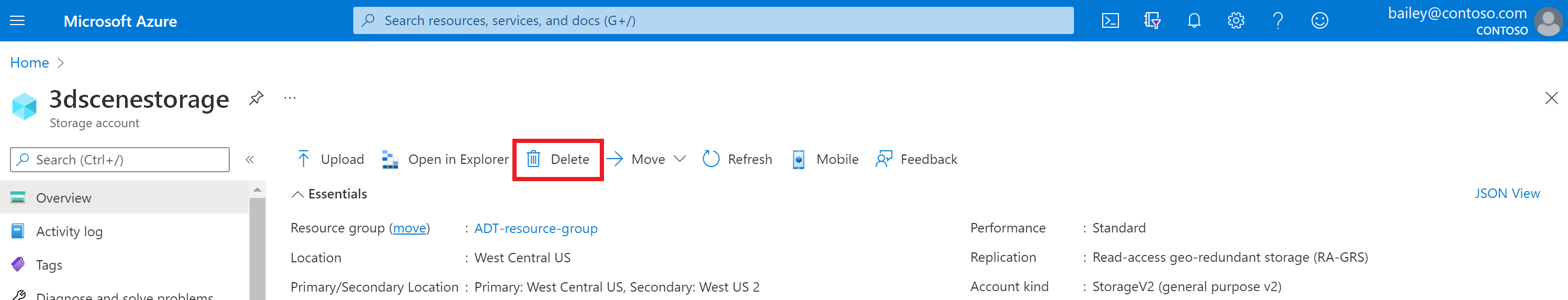 Screenshot of the Overview page for an Azure storage account in the Azure portal. The Delete button is highlighted.