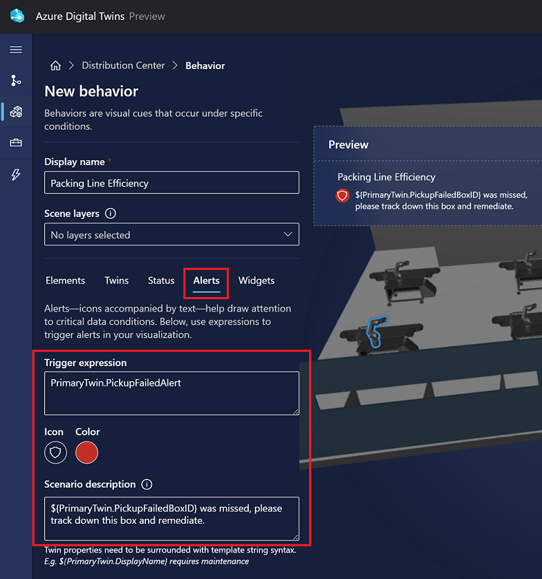 Screenshot of the New behavior options in 3D Scenes Studio, showing the Alerts options.