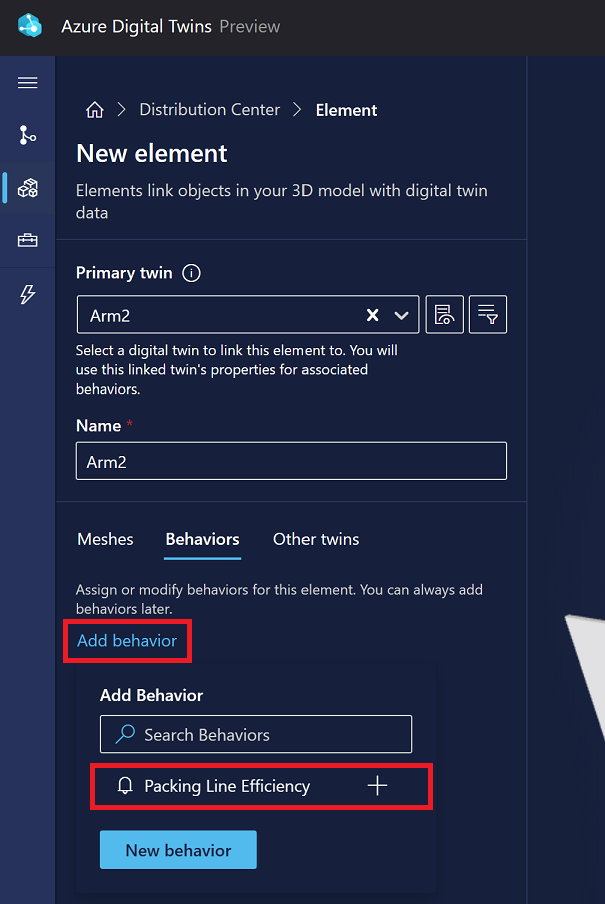 Screenshot of the New element behavior options for Arm2 in 3D Scenes Studio.
