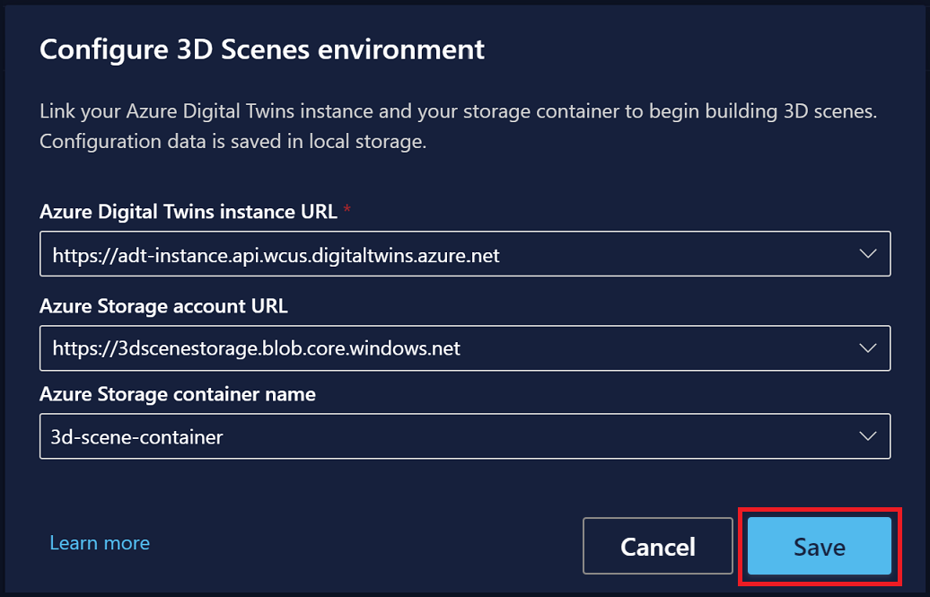 Screenshot of 3D Scenes Studio highlighting the Save button for the environment.