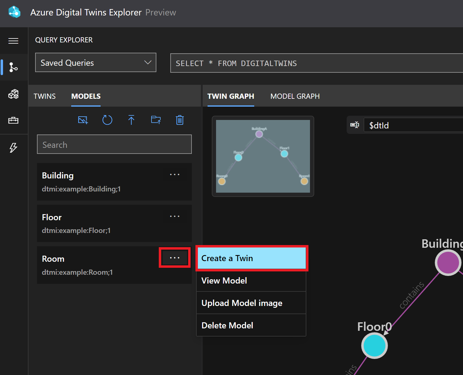 Screenshot of the Azure Digital Twins Explorer showing the Models panel, and the option to Create a Twin from the Room model.