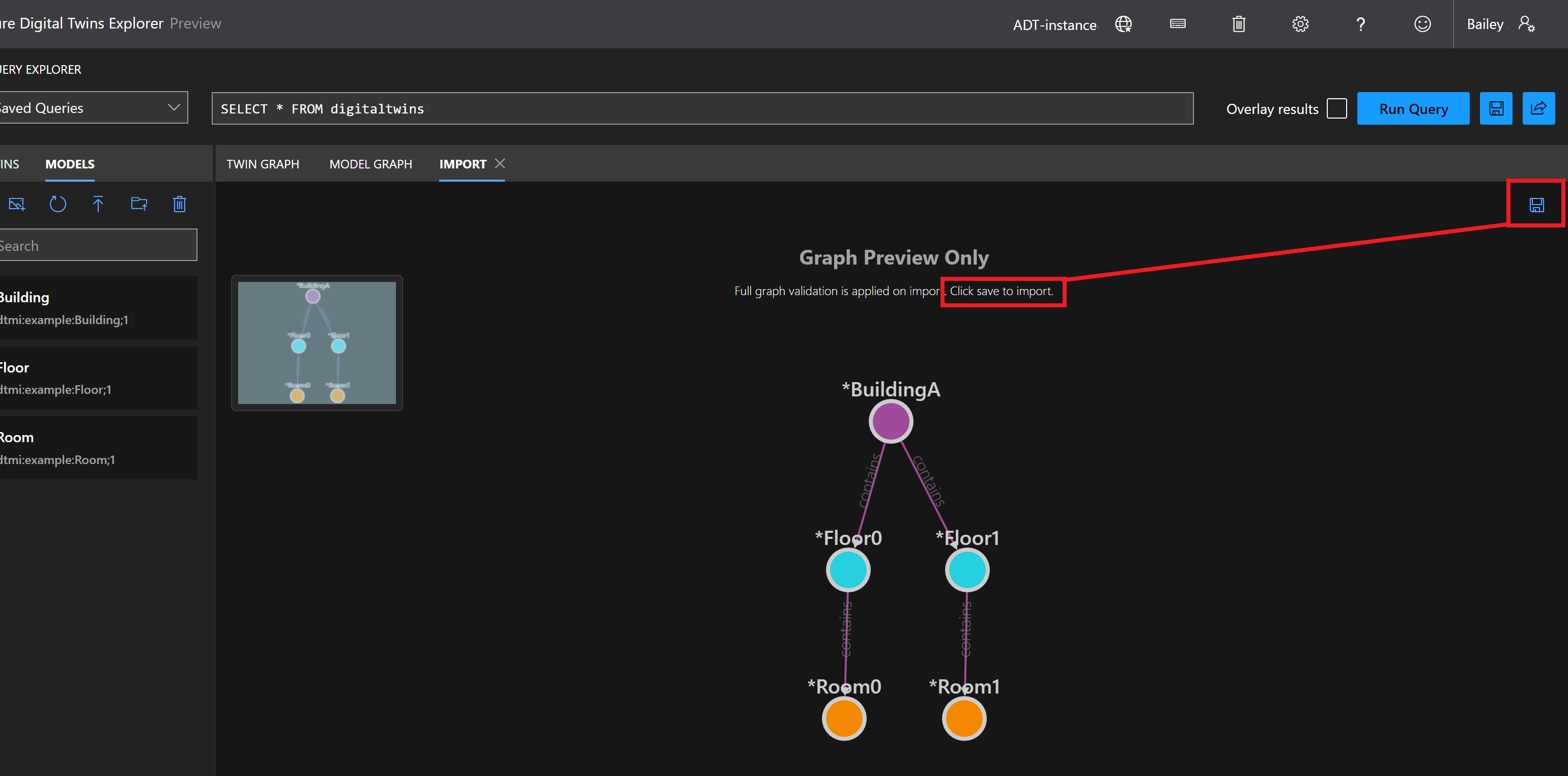 Screenshot of the Azure Digital Twins Explorer highlighting the Save icon in the Graph Preview pane.