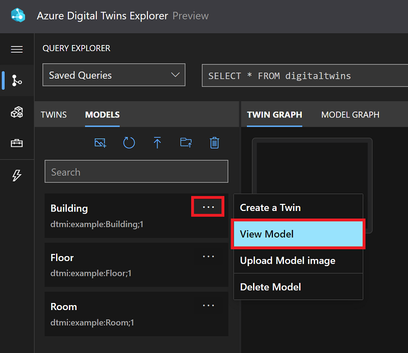 Screenshot of the Azure Digital Twins Explorer showing the Models panel with three model definitions listed inside: Building, Floor, and Room.