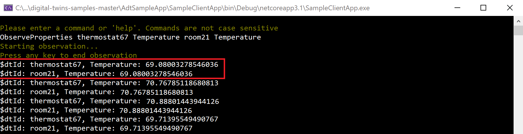 Screenshot of the console output showing a log of temperature messages, from a thermostat and a room.