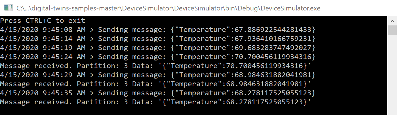 Screenshot of the console output of the device simulator showing temperature telemetry being sent.