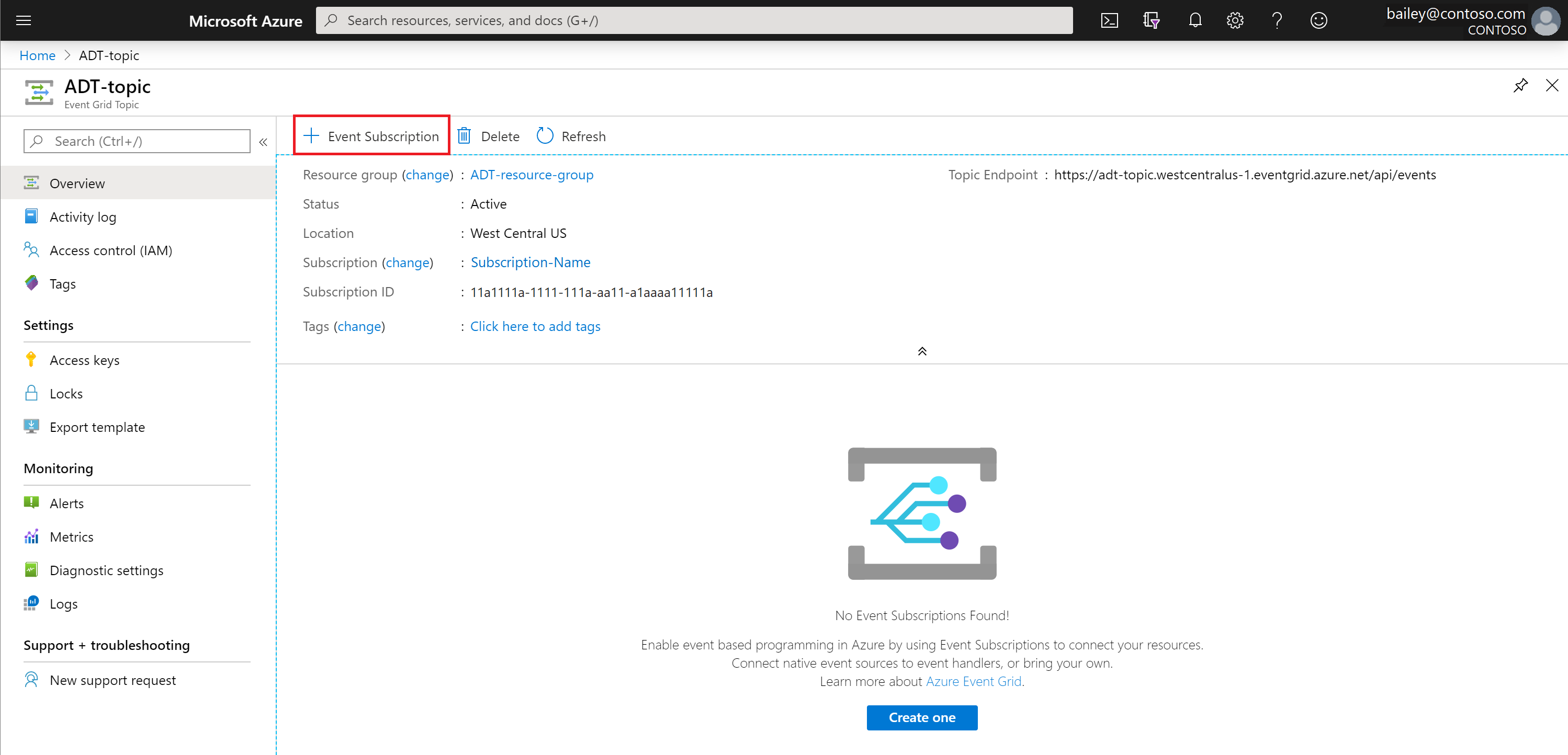 Screenshot of the Azure portal showing how to create an Event Grid event subscription.