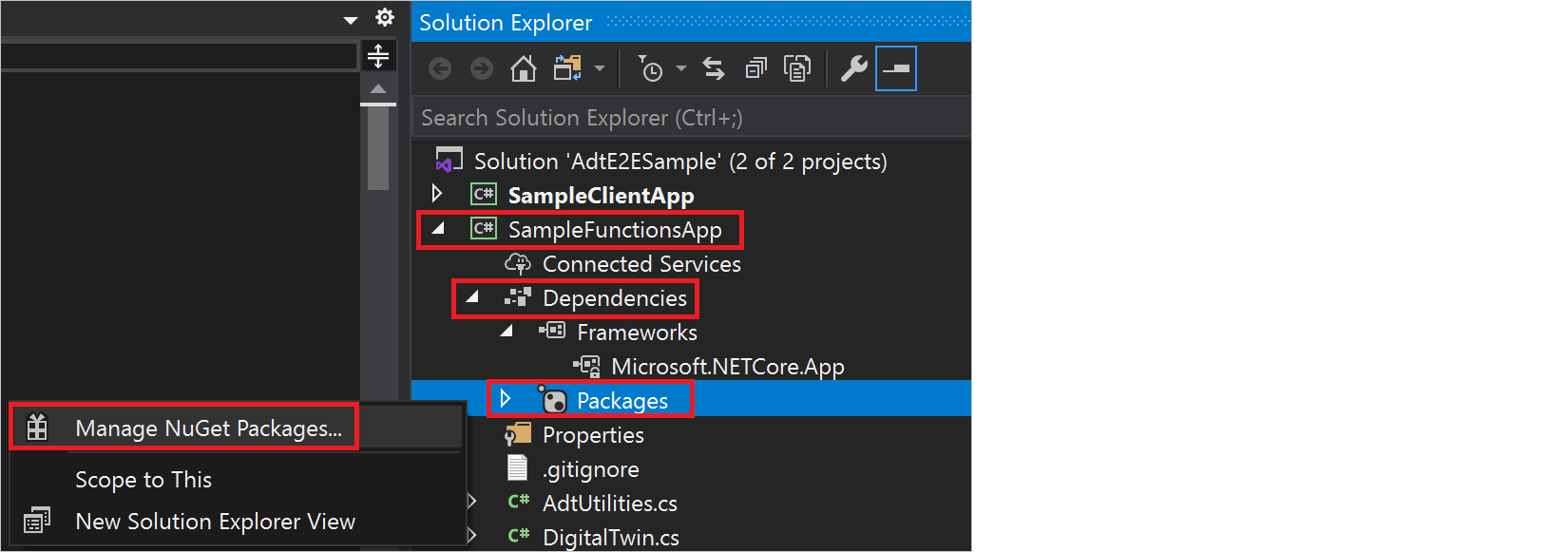 Screenshot of Visual Studio showing the 'Manage NuGet Packages' menu button for the SampleFunctionsApp project.