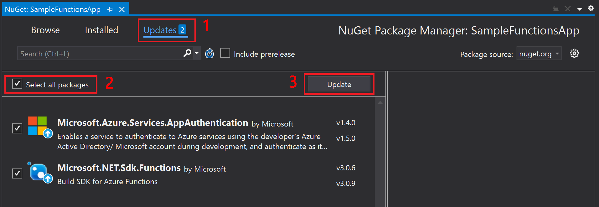 Screenshot of Visual Studio showing how to selecting to update all packages in the NuGet Package Manager.