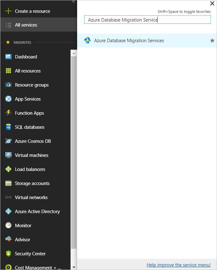 Screenshot that shows how to locate all instances of Azure Database Migration Service.