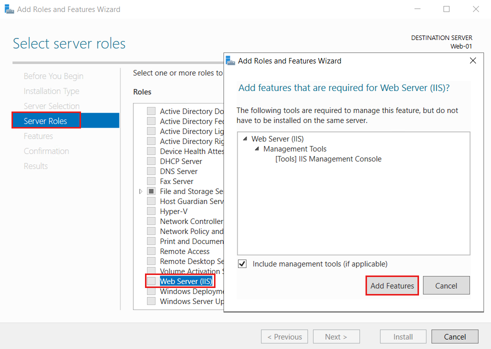 Screenshot of Add Roles and Features Wizard in Windows Server 2019 showing how to install the I I S Web Server by adding the Web Server role.