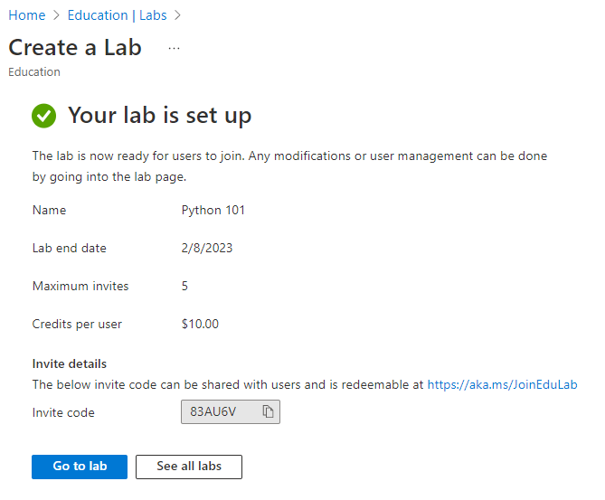 Screenshot that shows how to finish creating a lab in education hub.