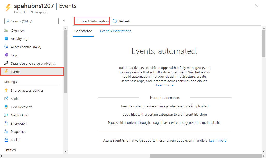 Add event subscription link on the Events page for an Event Hubs namespace