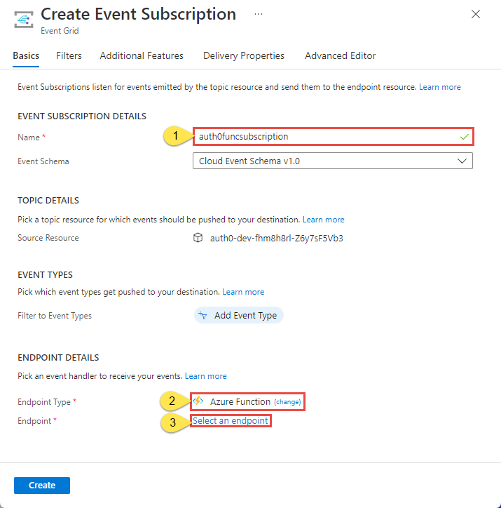 Screenshot showing the Create Event Subscription page with Azure Functions selected as the endpoint type.
