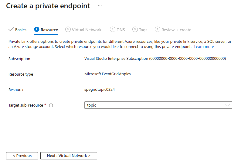 Screenshot that shows the "Create a private endpoint - Resource" page.