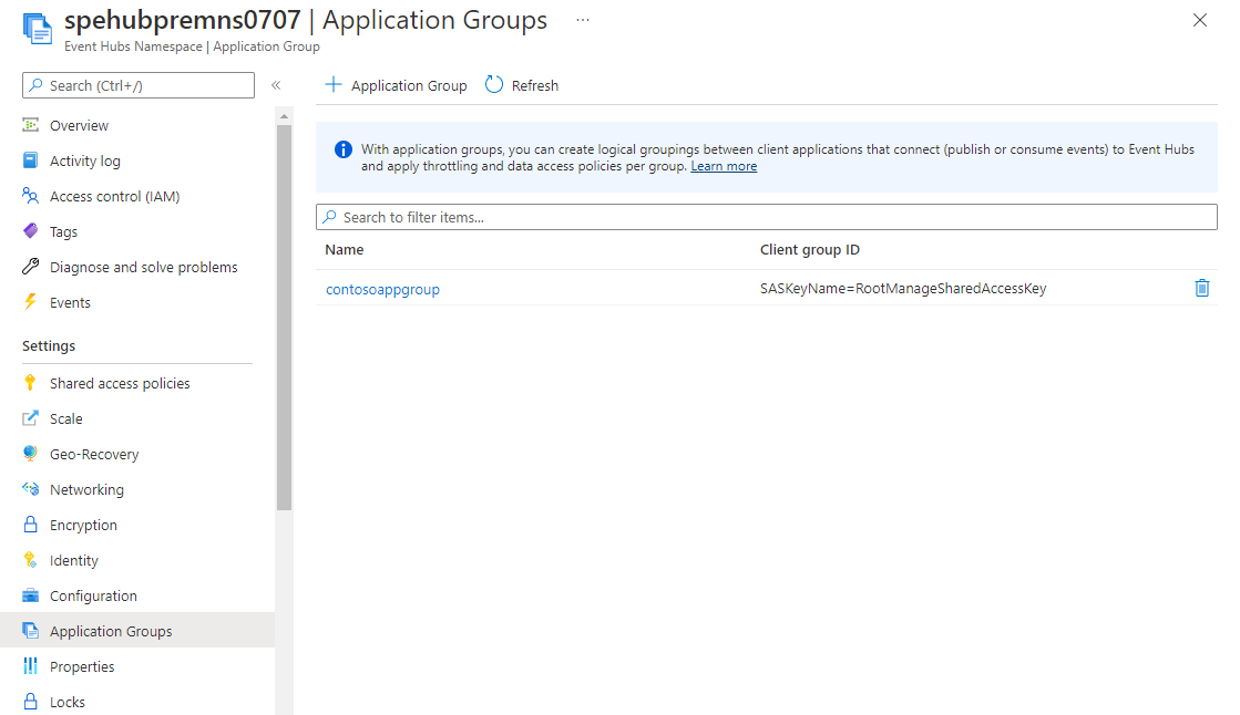Screenshot of the Application groups page with the application group you created.