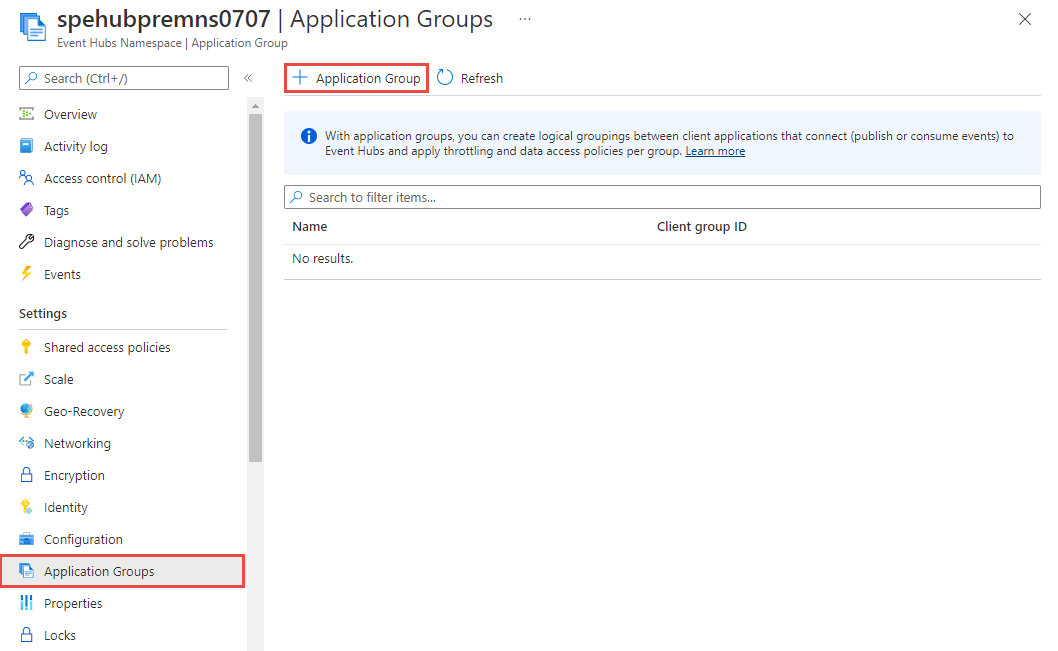 Screenshot of the Application Groups page in the Azure portal.