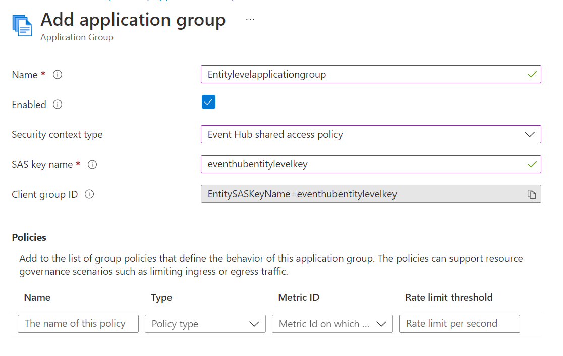Screenshot of the Add application group page with event hub Shared access policy option selected.