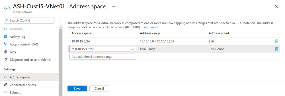 Screenshot of add Ipv6 address space to virtual network.