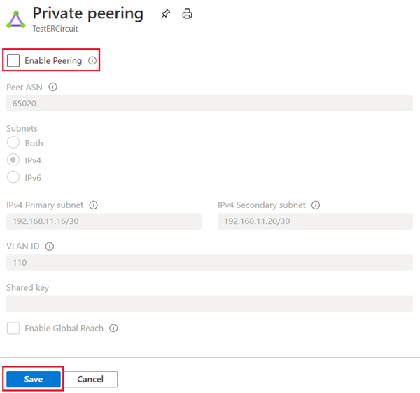 Screenshot that shows clearing the Enable Peering check box.